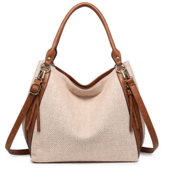 Jen & Co. Tote Connar Diamond Taupe Print Tote Vegan Work Travel GREAT Bag - Picture 1 of 12